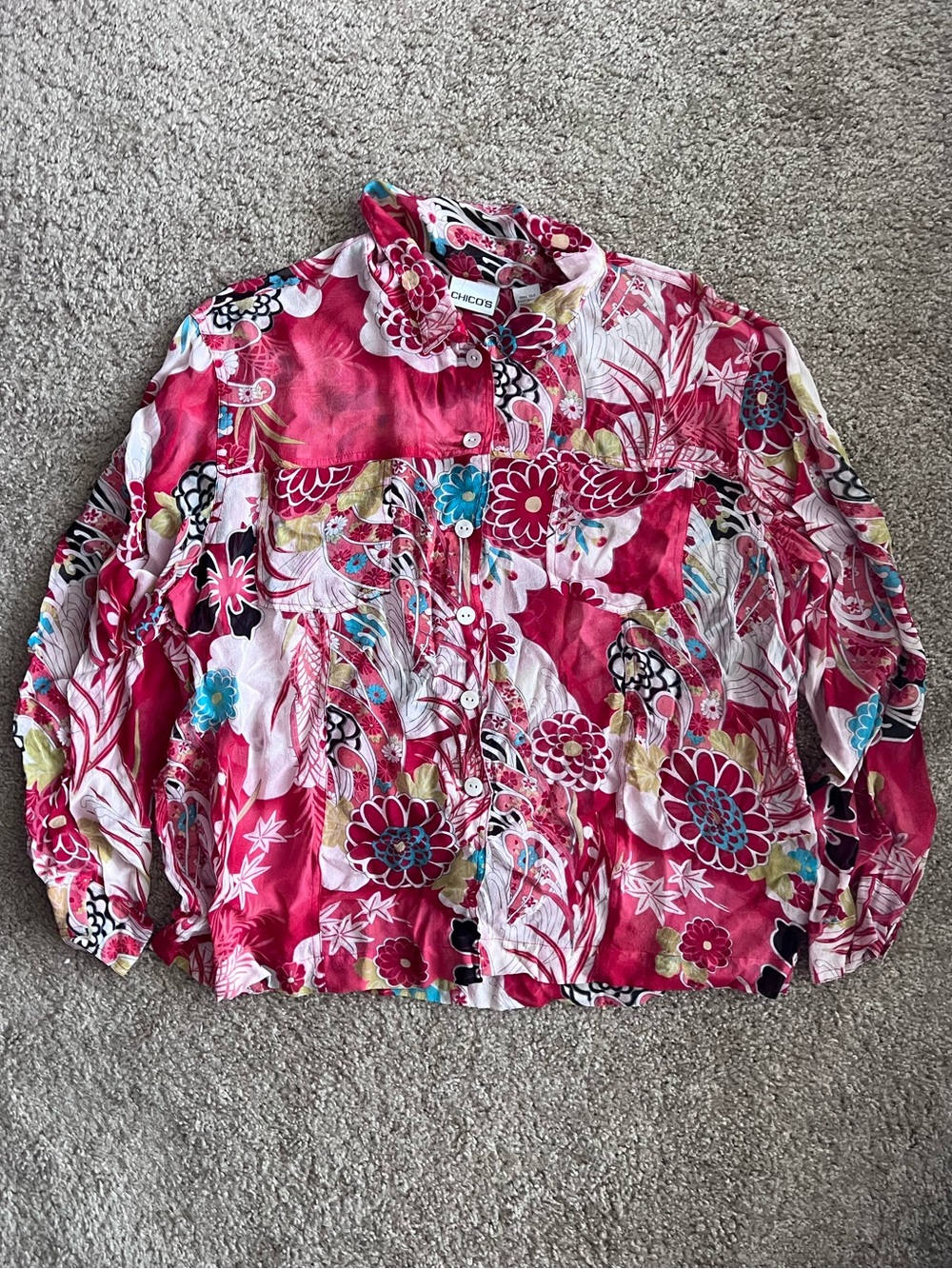 Chico's Vintage 100% Silk Sheer Pink Floral Blouse